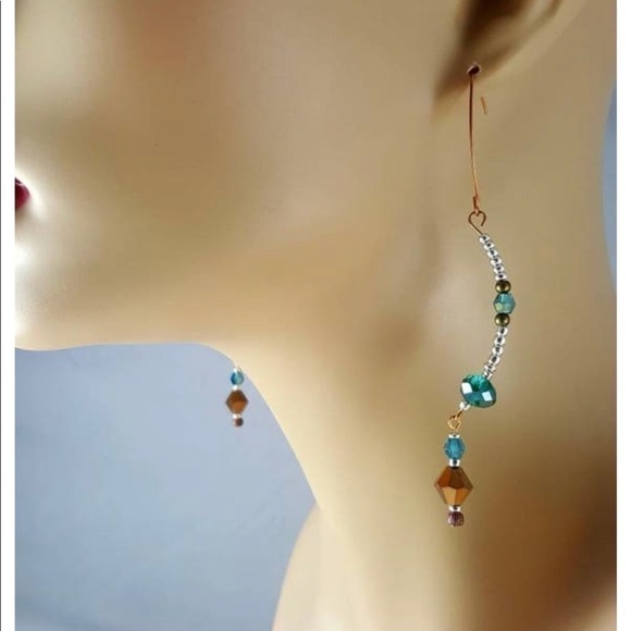 LONG BEADED STATEMENT EARRINGS GREEN BROWN SILVER GOLD LIGHTWEIGHT Handmade - Picture 2 of 5